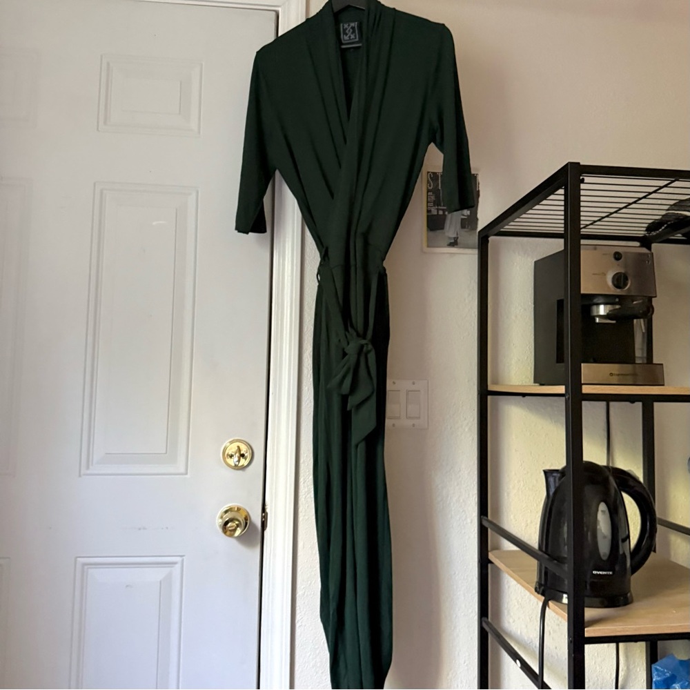 LES LUNES emerald green rayon bamboo knit wrap surplice short sleeve jumpsuit